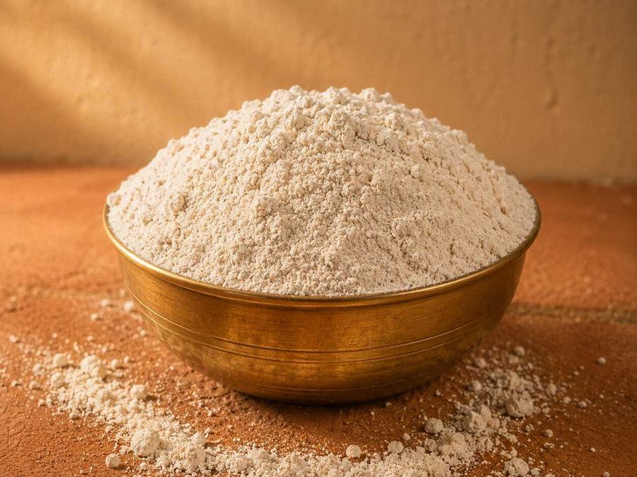 Millet flour in a brass bowl