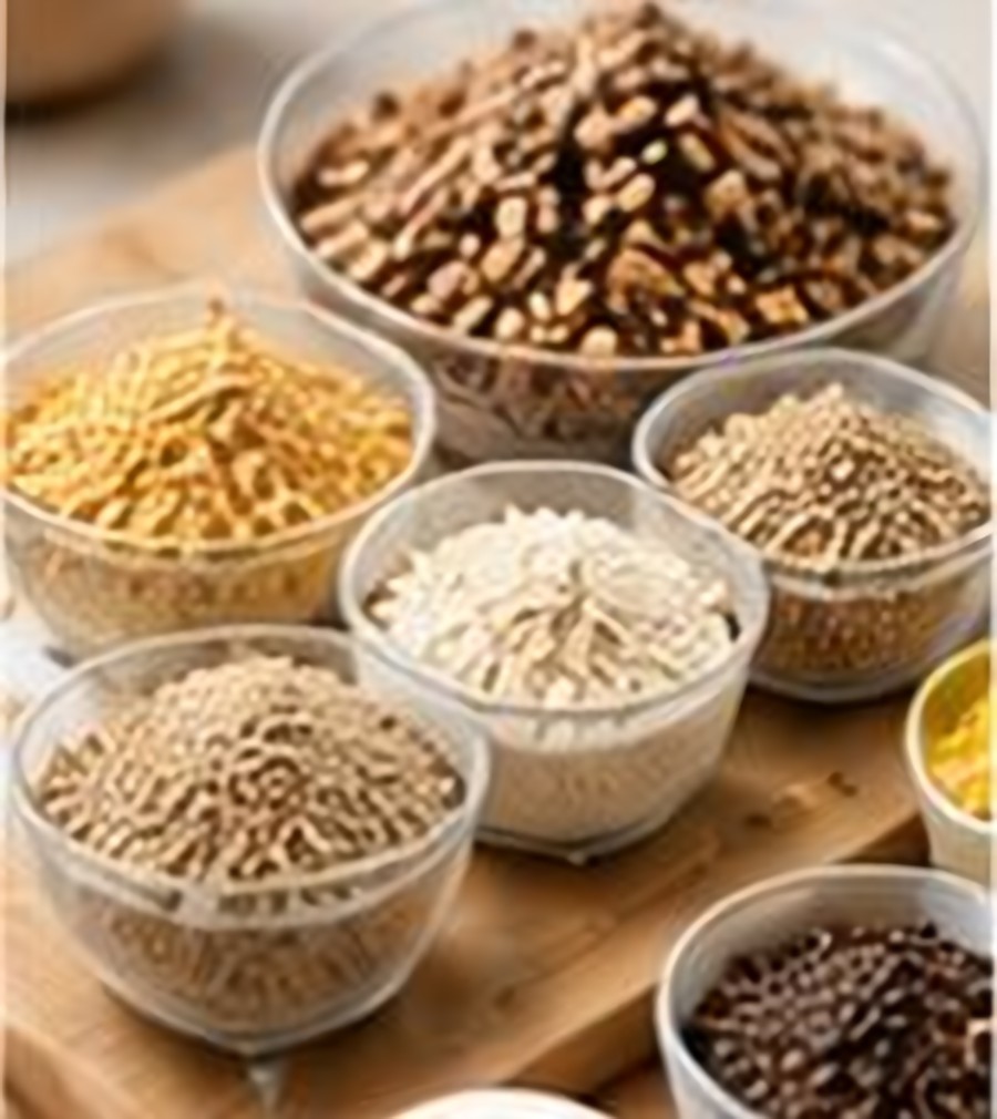 Bowls of raw grains and millets for formulation