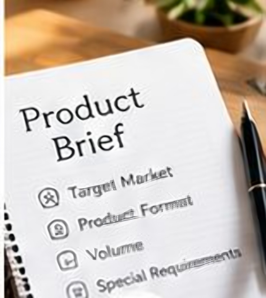 Product brief notebook with target market and format notes