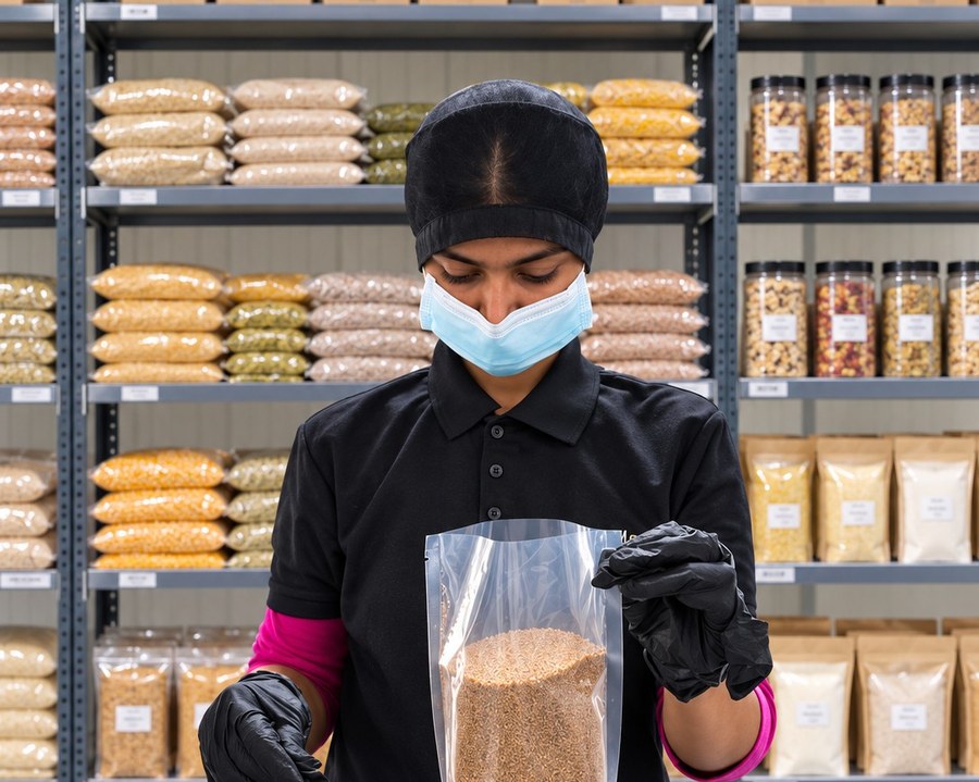 Warehouse staff weighing packed product on a digital scale